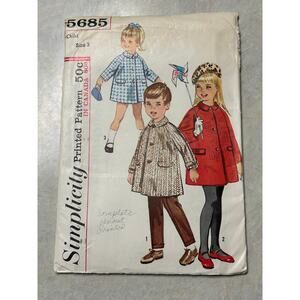 Vintage 1960's Simplicity Pattern‎ #5685 Children's Lined Coat Size 3